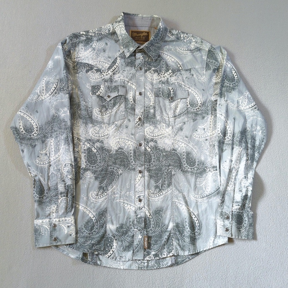 Wrangler Retro Mens Large Blue Gray Paisley Western Snap Long Sleeve Shirt - Picture 2 of 9